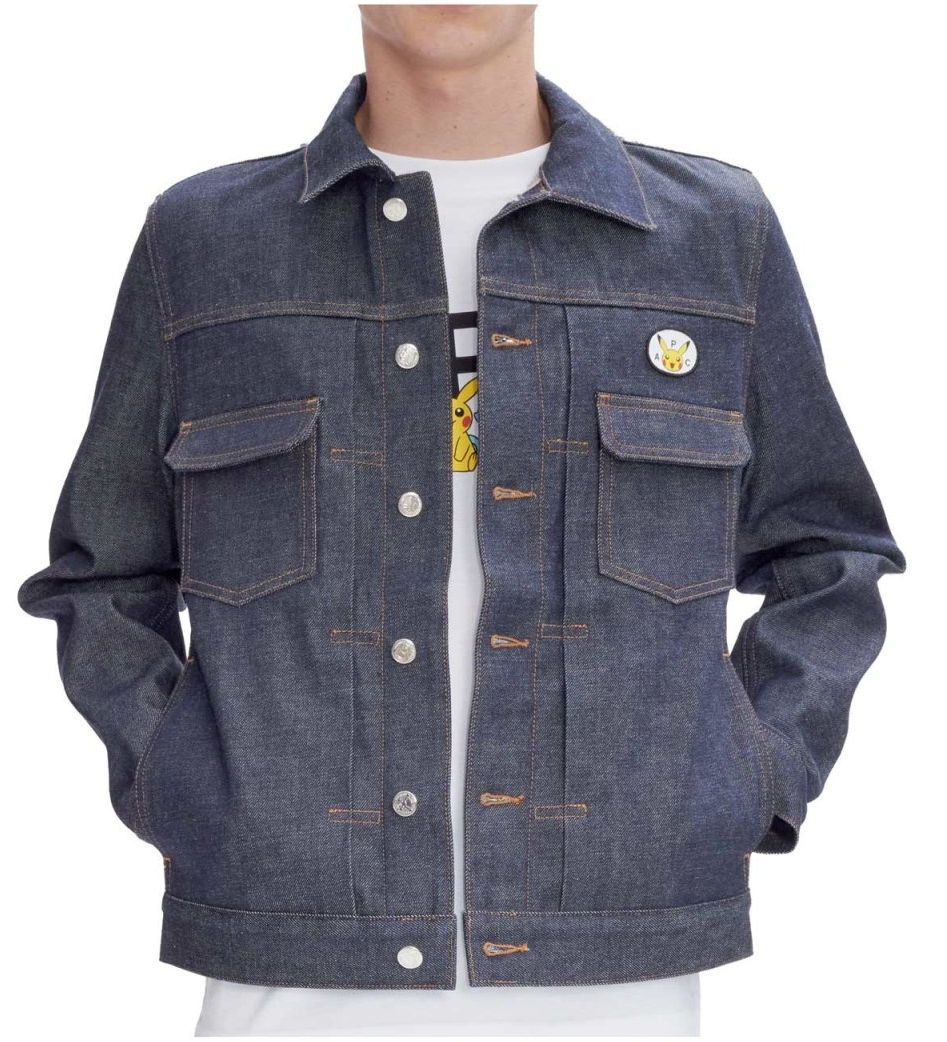Raw Denim jacket by A.P.C. Stitching is orange, fabric is a dark gray-blue. There is a Pikachu pin on the upper left chest
