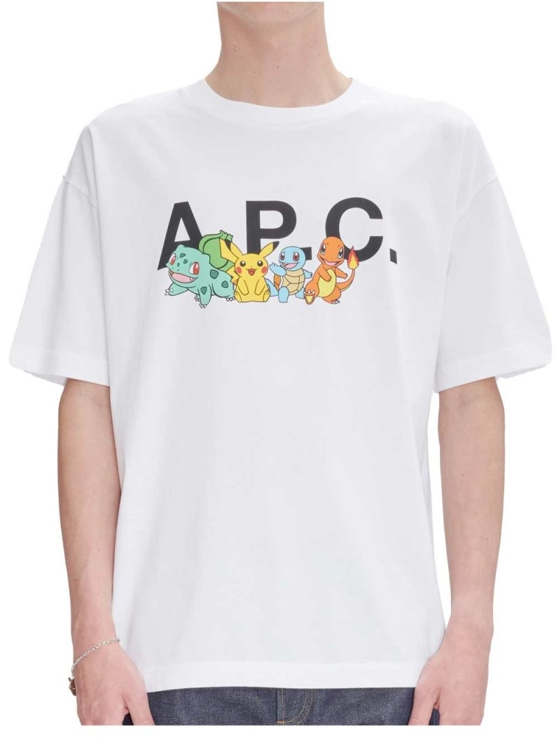 A white t-shirt. The A.P.C. logo can be seen on the chest. Bulbasaur, Pikachu, Squirtle, and Charmander are overlaid in front of the logo.
