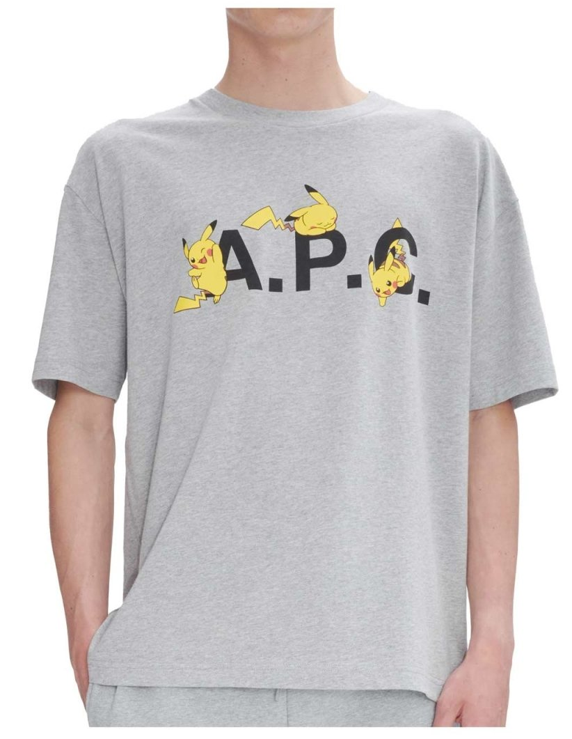 A heather gray t-shirt. The A.P.C. logo is printed on the chest. Each letter of the acronym has a different Pikachu on top of it.
