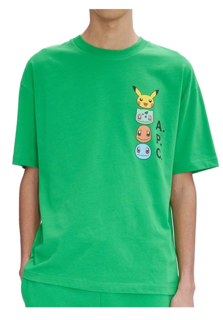 A green t-shirt. On the (wearer's) left side of the shirt is the A.P.C. logo displayed vertically. The heads of Pikachu, Bulbasaur, Charmander, and Squirtle are vertically stakced next to the acronym.