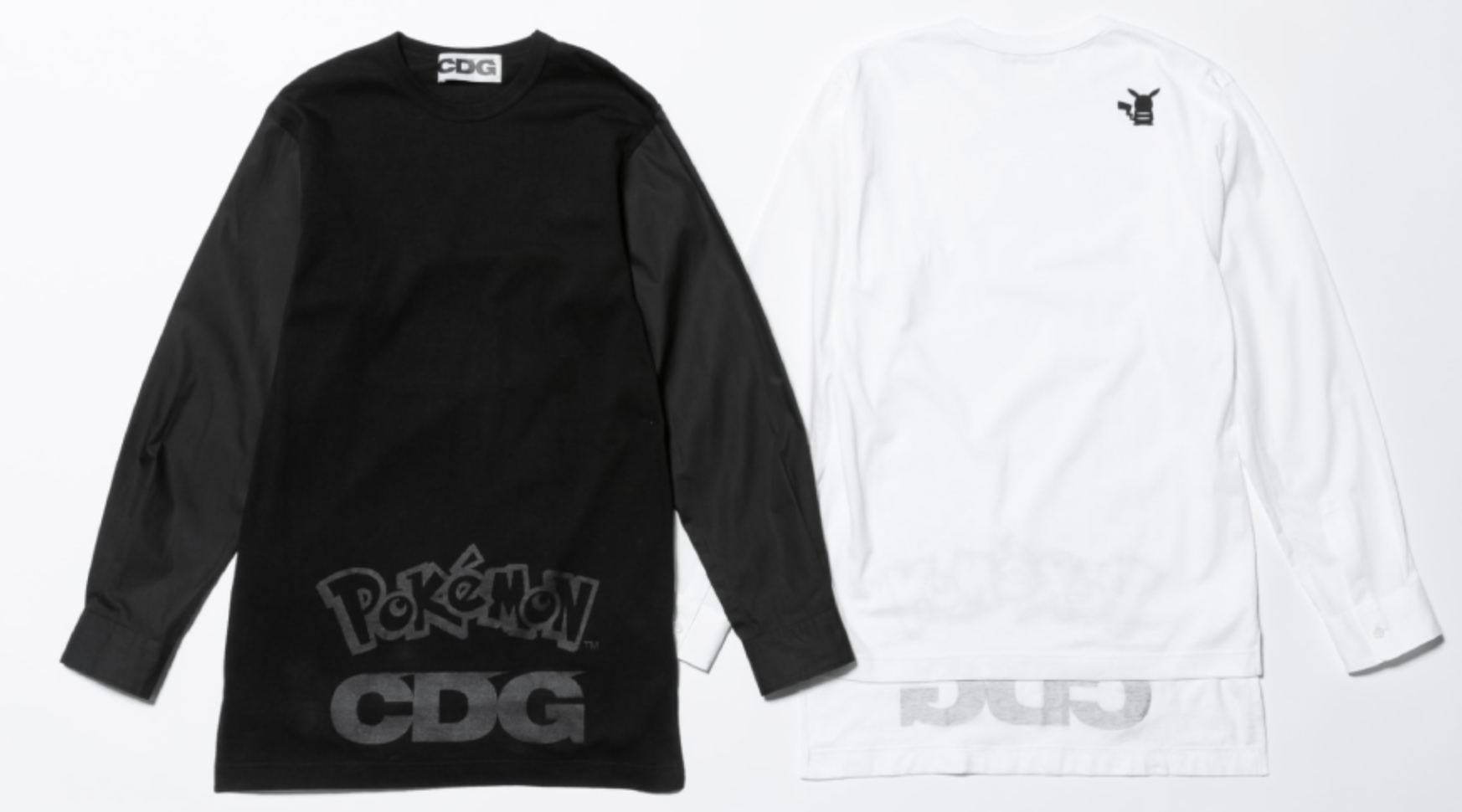 CDG Sweatshirts, one solid black with Pokemon font and CDG Logo, one solid white with black Pikachu embroidery