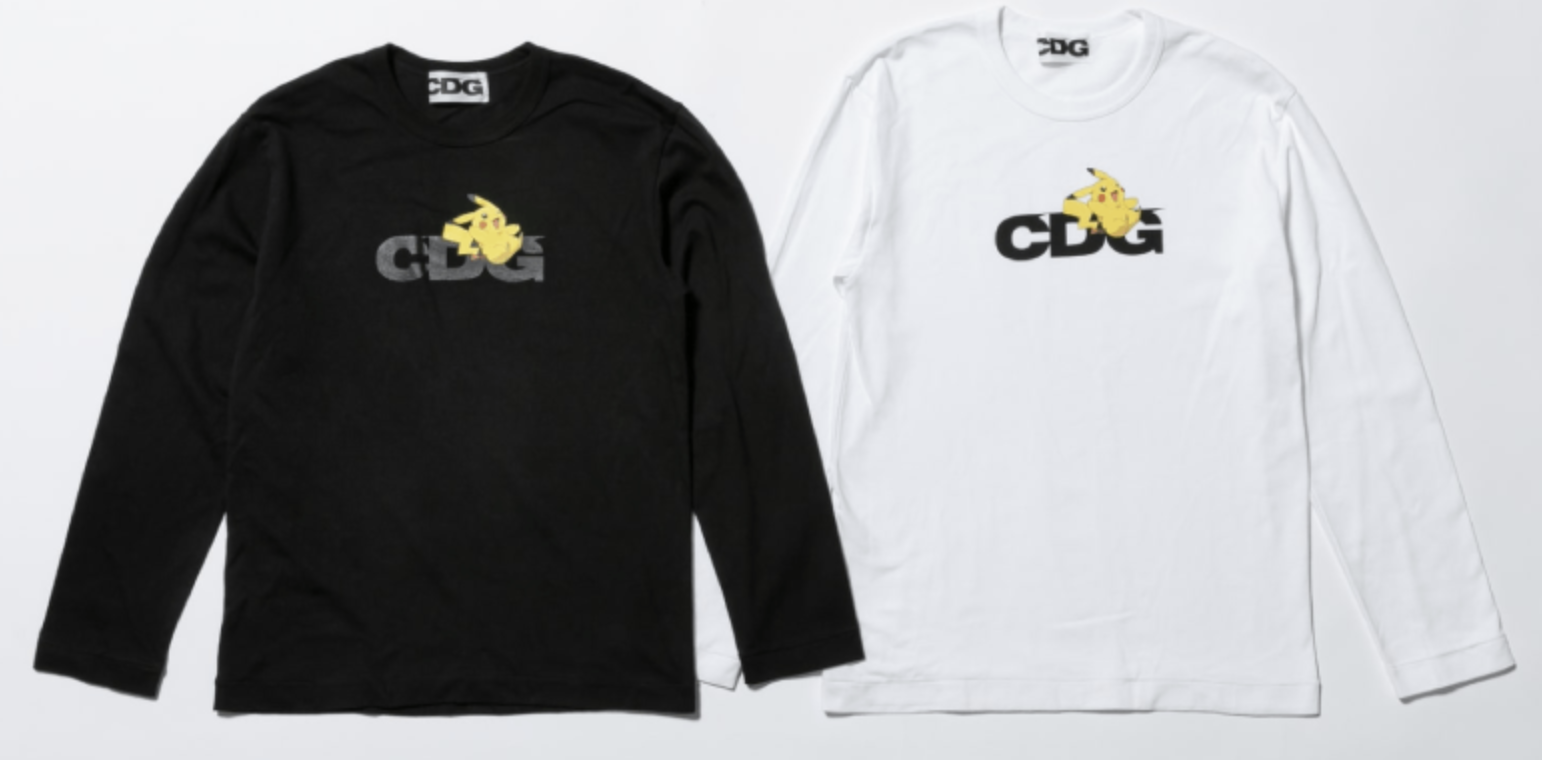 long sleeved solid shirts, one in black and one in white. Both have official art of Pikachu layered on top of CDG Logo