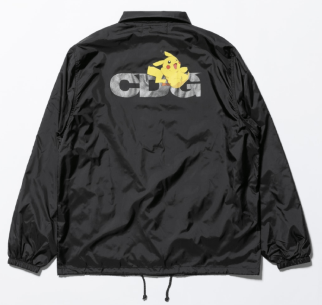 Black nylon jacket with CDG logo and Pikachu layered on top