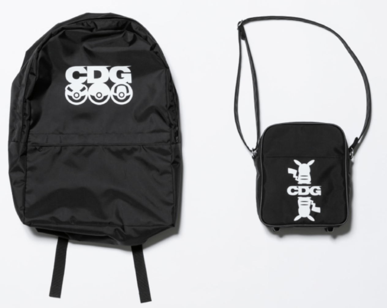 CDG backpack with Great/Poke/Ultra Ball, and carrier bag with Pikachu mirrored above and below the CDG Logo