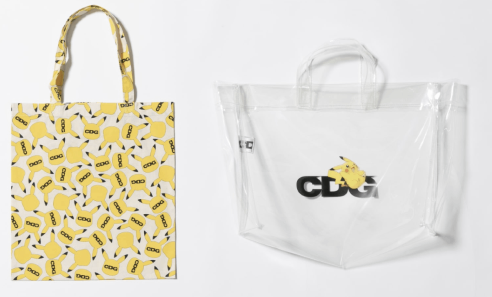 Tote bag with repeated Pikachu head pattern with 'CDG' inside the face. On the right is a see-through tote with the CDG logo and Pikachu on top