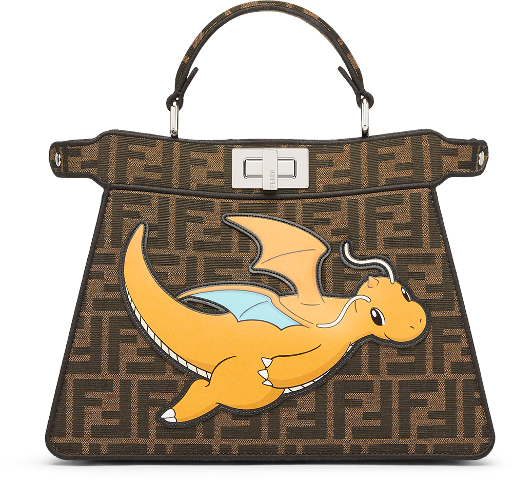 Fendi purse with Dragonite flying, seen mostly from the side