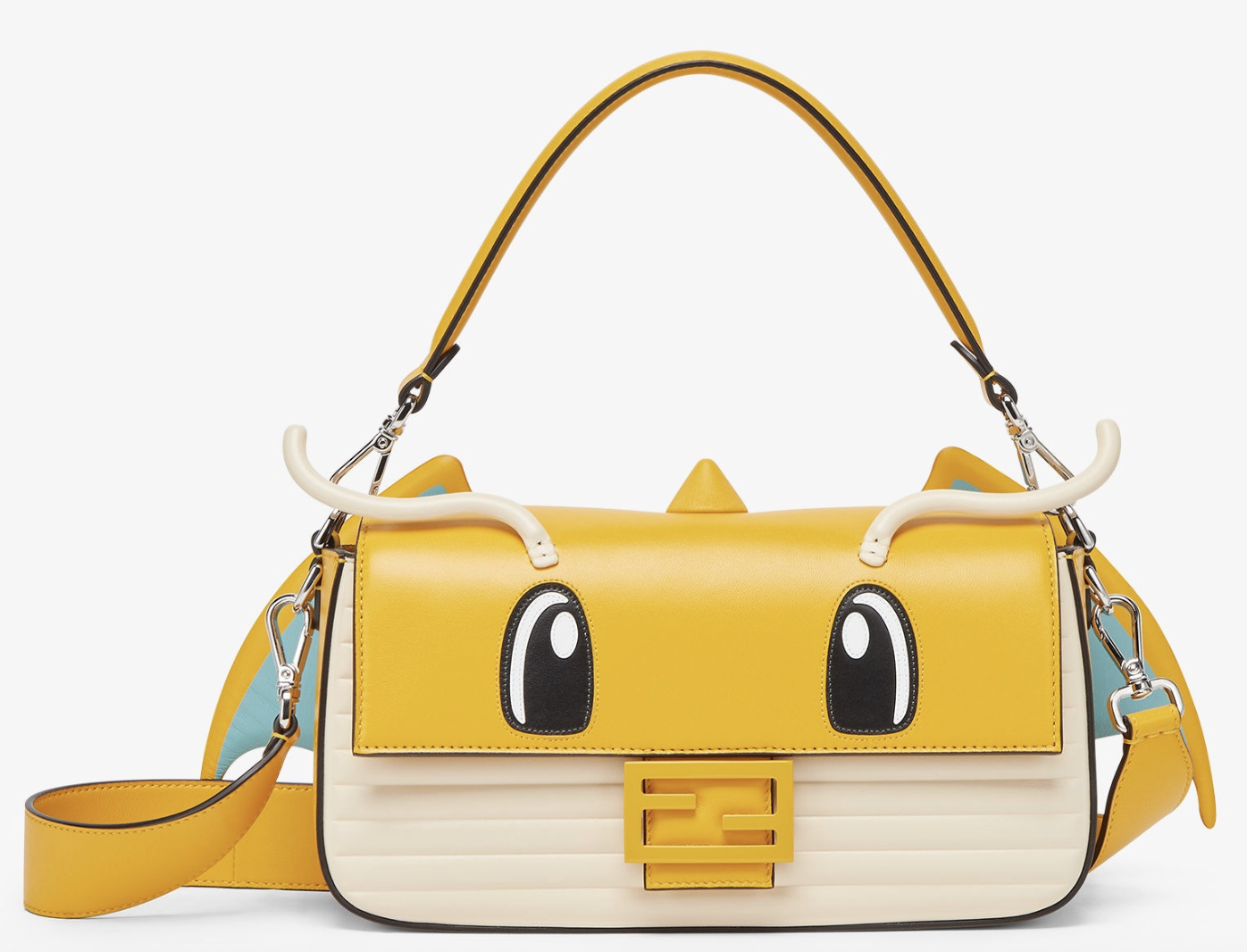Purse themed around Dragonite; top flap is light orange with Dragonite's eyes and antennae. Dragonite's wings are behind the purse