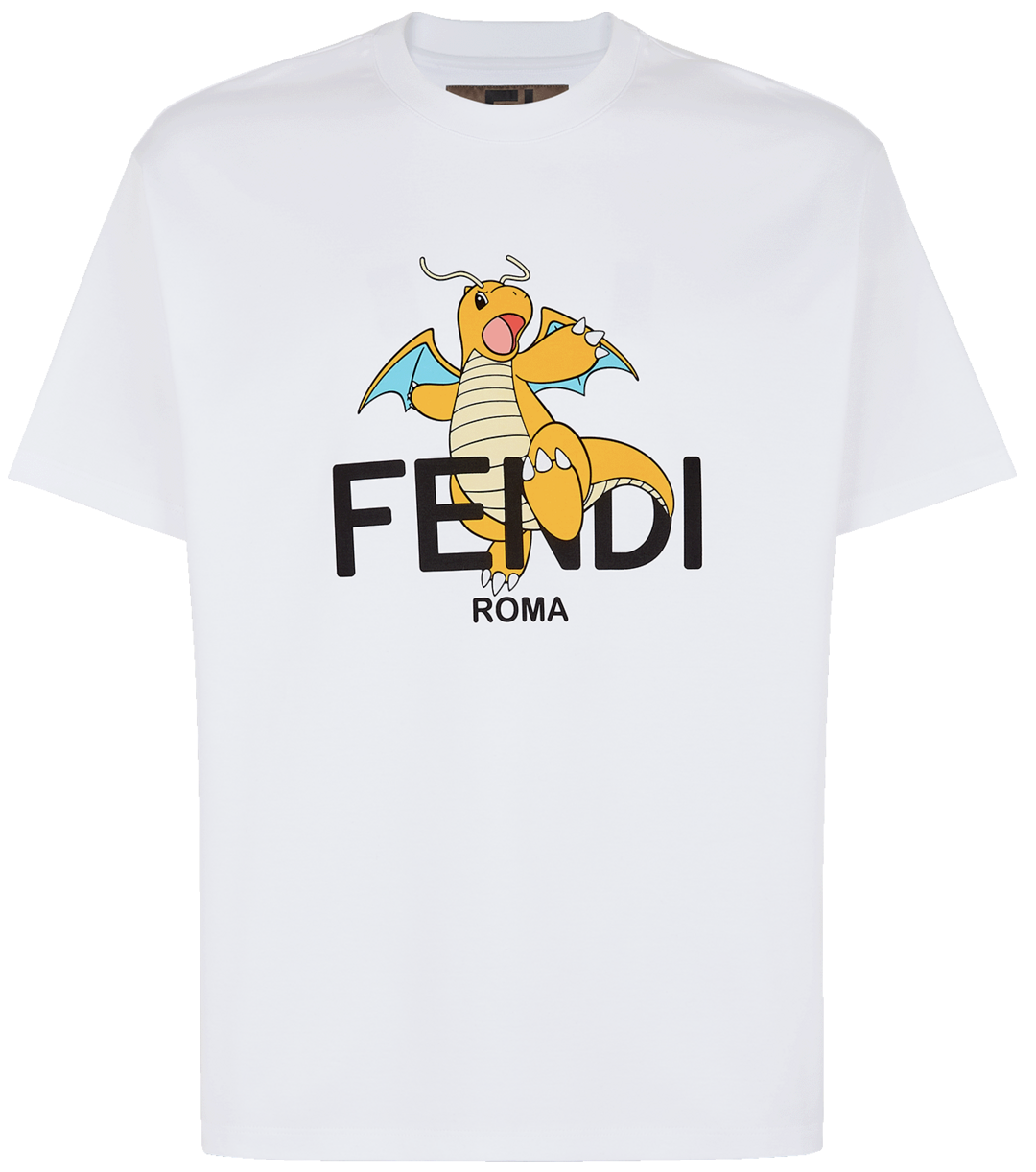 White t-shirt with Dragonite stepping over the Fendi logo