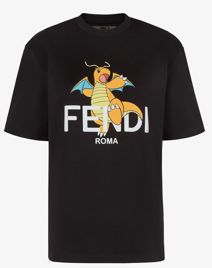 Black t-shirt with Dragonite stepping over the Fendi logo