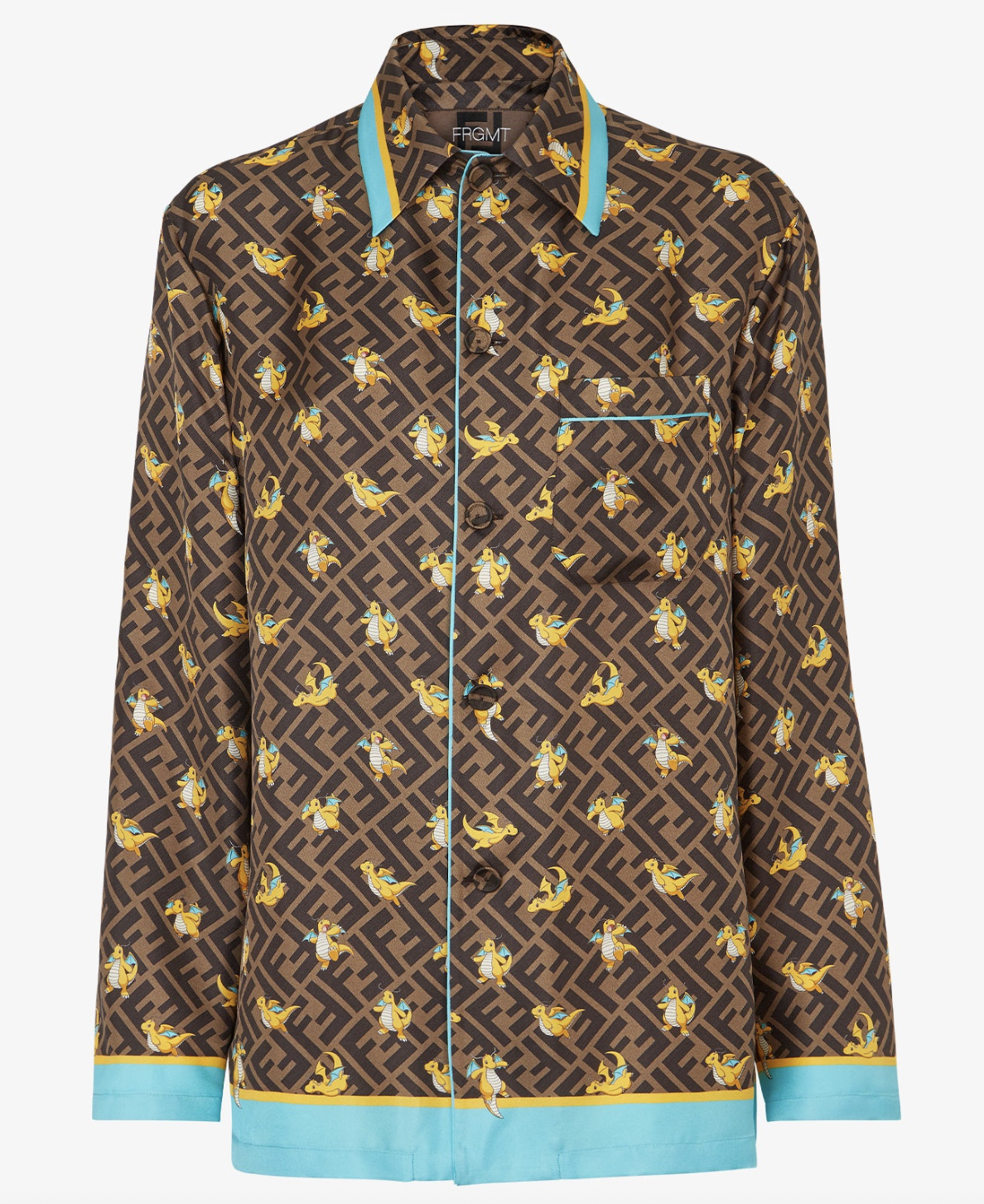 Button-up shirt featuring Fendi pattern and Dragonite print. Light blue and orange trim on the sleeves, cuffs, and hem