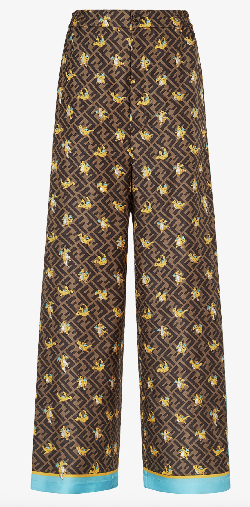 Trousers with Fendi pattern and Dragonite print. Light blue and orange trim on the sleeves, cuffs, and hem