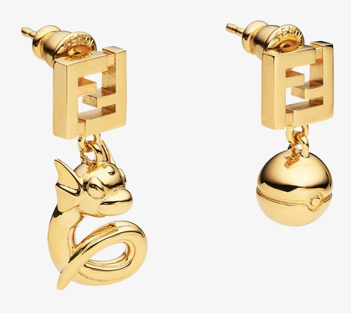 Earrings. One earring is Fendi and Dratini, and one earring is Fendi logo and Pokeball