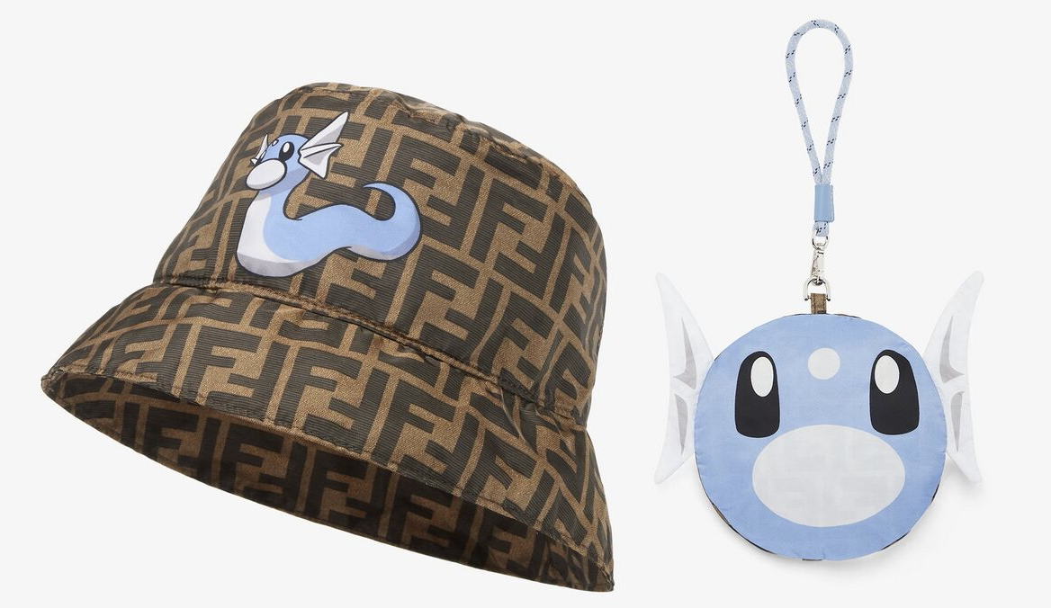 Packable bucket hat with Fendi print and Dratini. Comes with a Dratini pack to fold the hat into